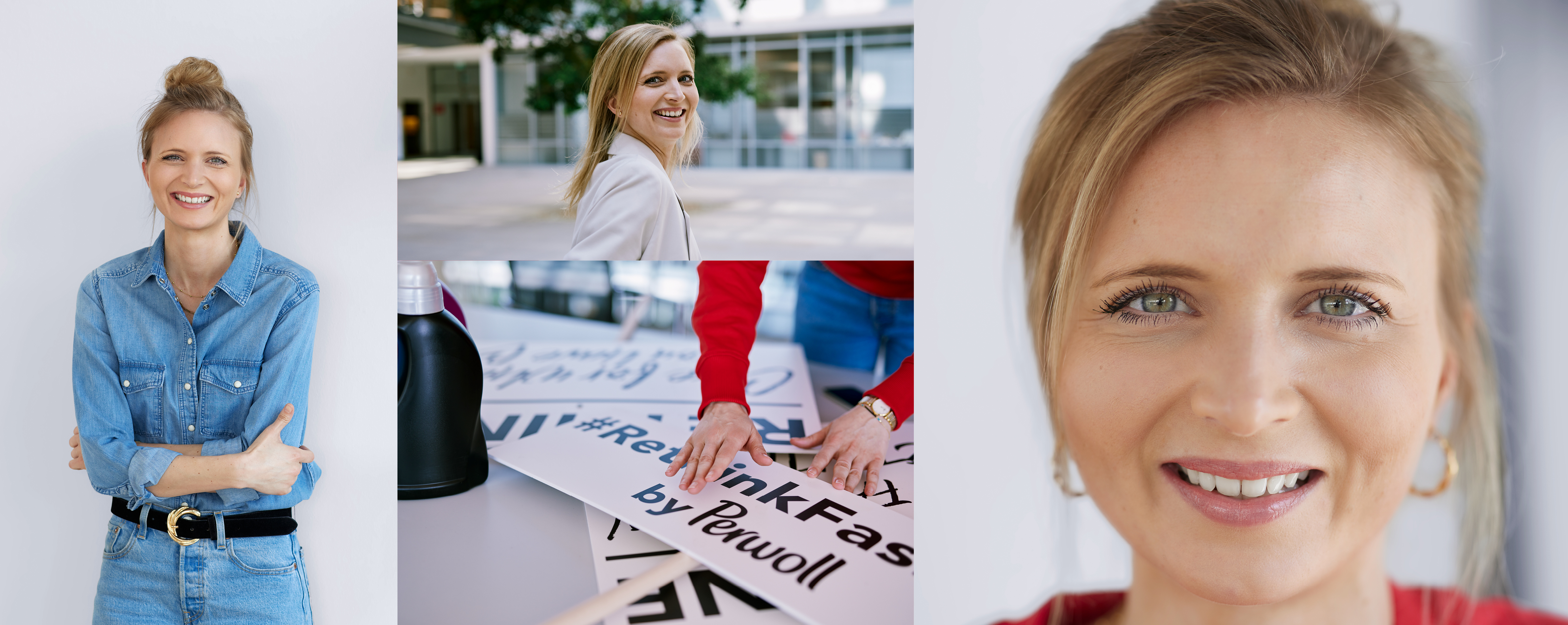 Zaposlena v Henklu pred svojim delovnim mestom. Pozira pred kamero, razvršča znake iz Persilove kampanje #Rethink Fashion in se smehlja. 