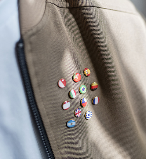 Pins of various nations on a jacket