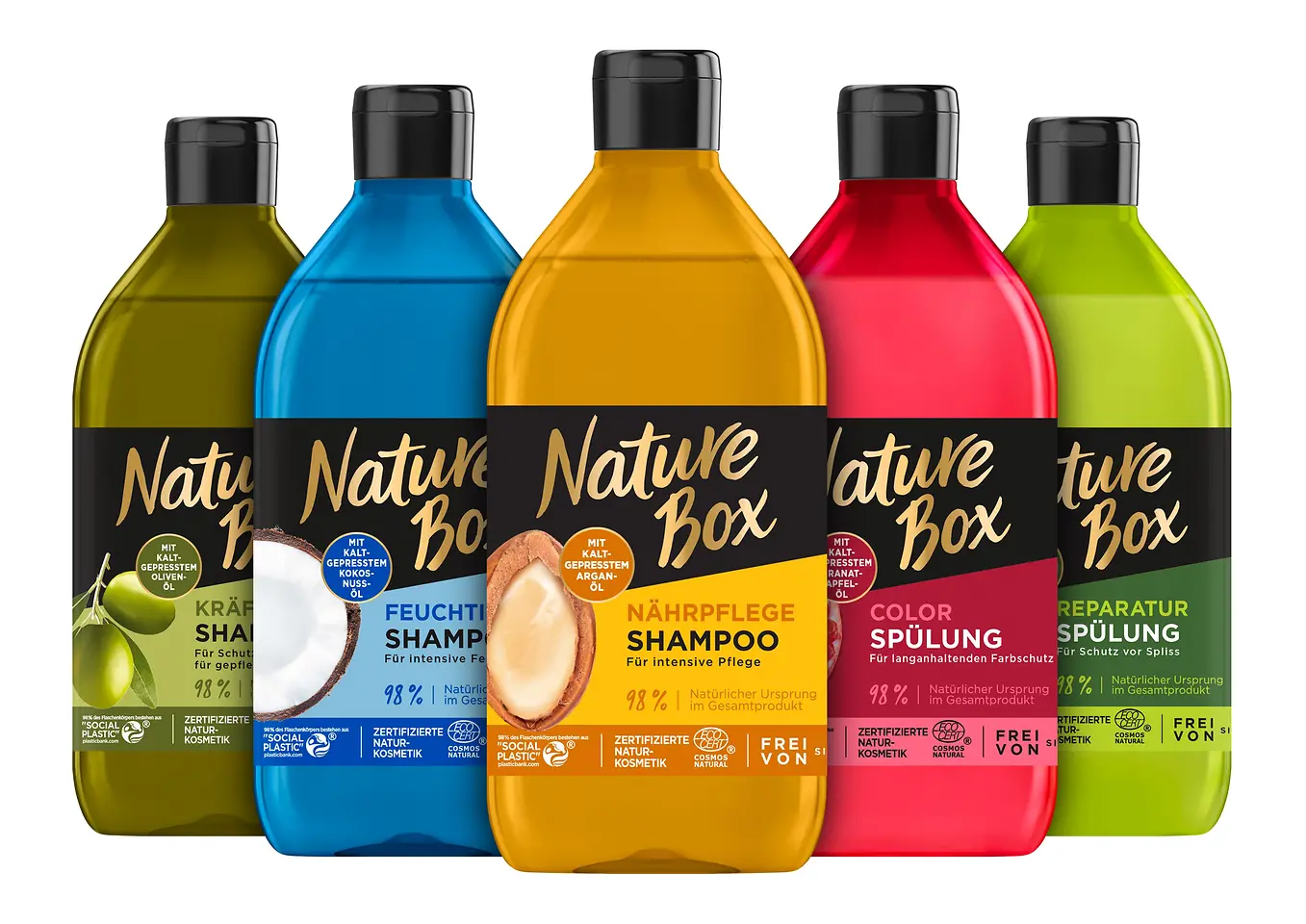 Five colorful bottles of Nature Box lined up next to each other.