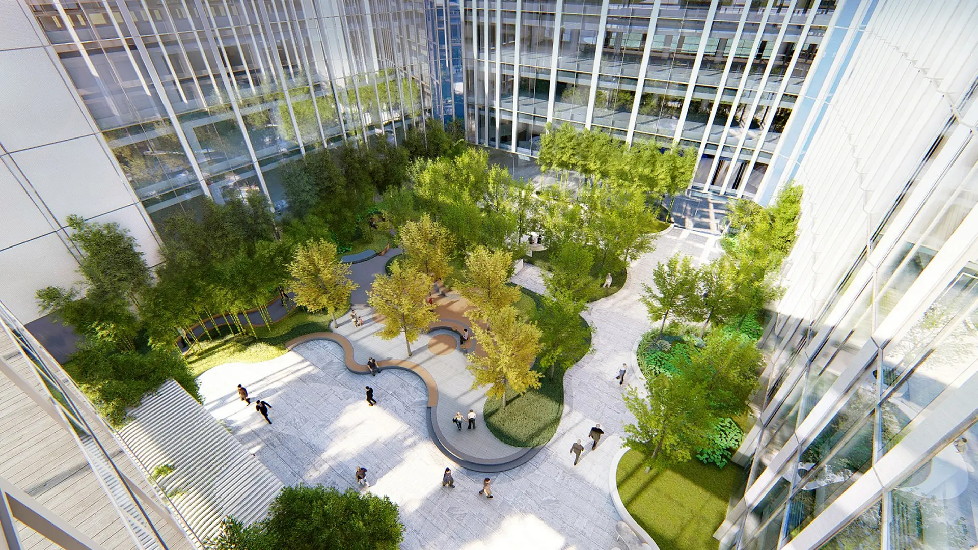 Innovation Center Shanghai: Various functional spaces are set within lush greenery for staff and visitors to connect with nature.