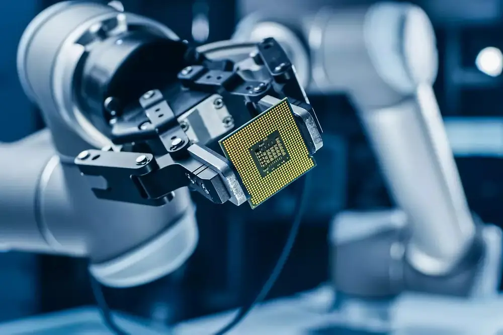 Robotska roka upravlja avtomatizirano napravo v okolju proizvodnje polprevodnikov.