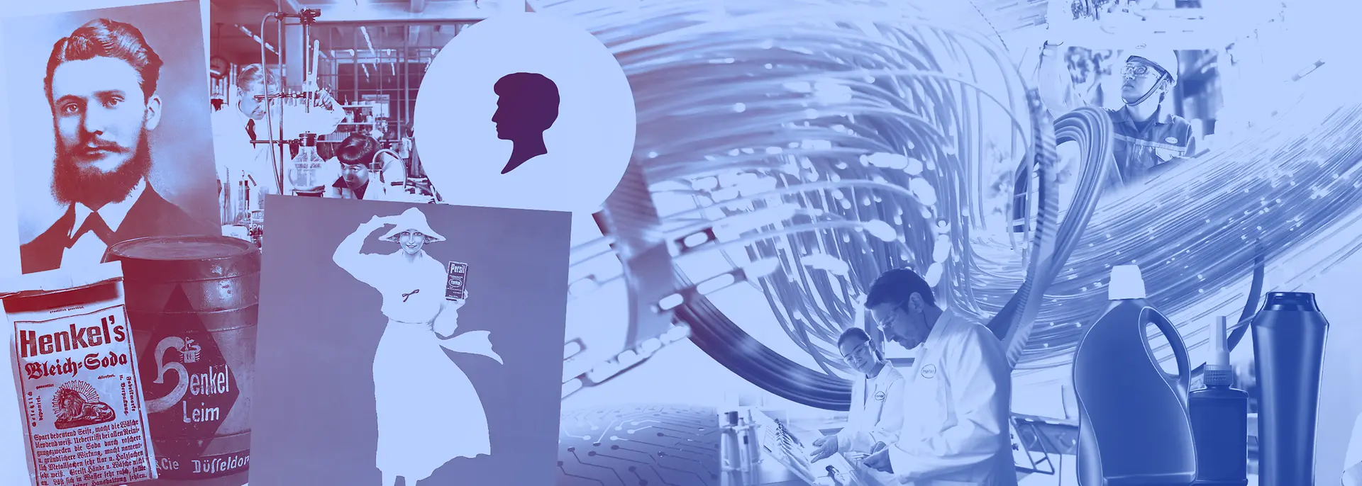 Kolaž starinskih izdelkov Henkel, plastenk detergentov, laboratorijskih delavcev in zgodovinskih oglasov v modrih tonih.